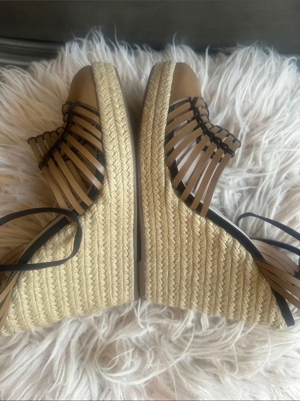 SCHUTZ Tan and Black Lace-Up Espadrille Sandals